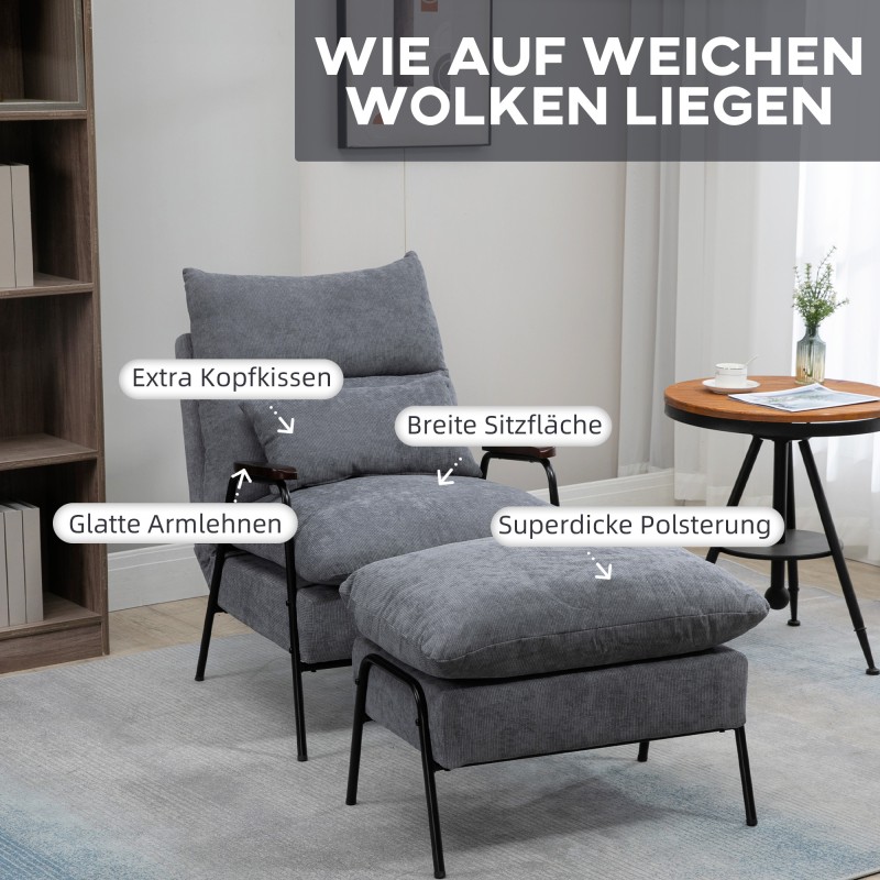 Nojatuoli ja rahi, recliner, cord-verhoilu, teräsrunko, 68 x 91,5 x 88 cm, vaaleanharmaa