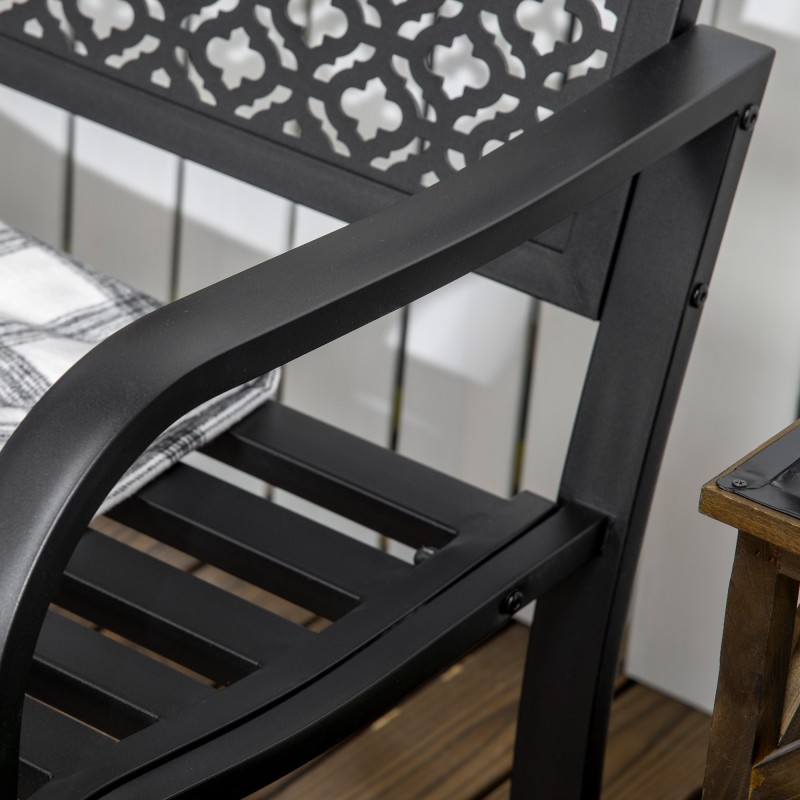 Puutarhapenkki ulkokäyttöön, 2-hengen teräspenkki kukkakuviolla, 127 x 63 x 83 cm, musta