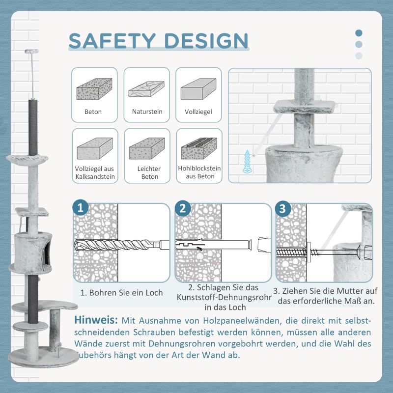 Raapimapuu kattoon asti, säädettävä 225–255 cm, useita tasoja ja riippumatto, harmaa