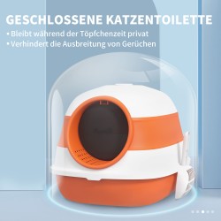 Kissanvessa kannella ja hiekkalapiolla, muovia, koko 52 x 41 x 38 cm, valkoinen/oranssi, enintään 5 kg kissoille