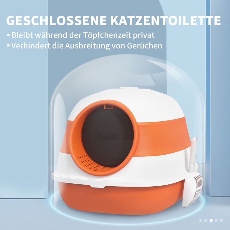 Kissanvessa kannella ja hiekkalapiolla, muovia, koko 52 x 41 x 38 cm, valkoinen/oranssi, enintään 5 kg kissoille