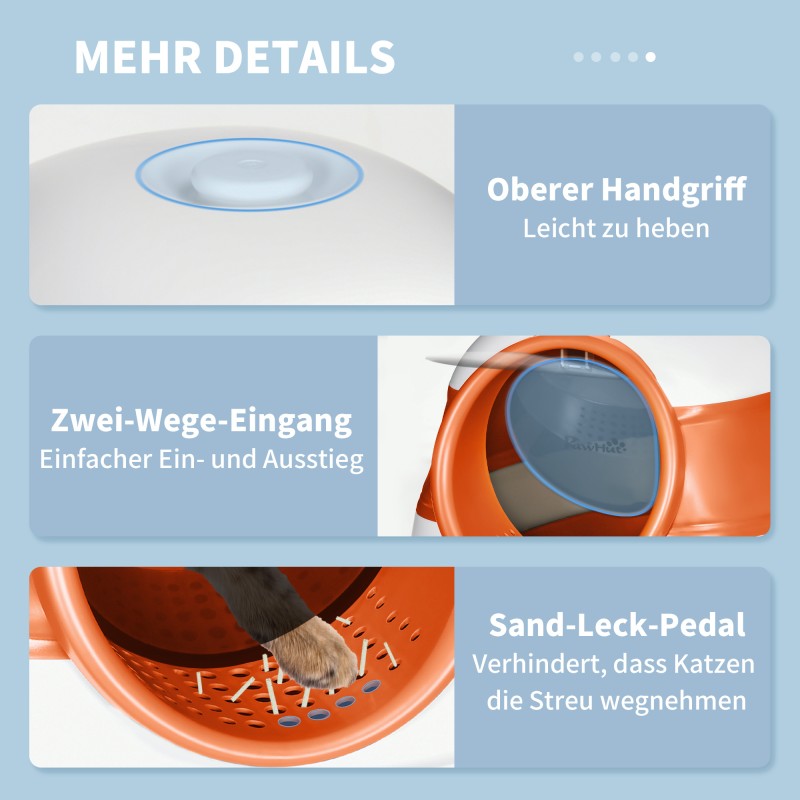 Kissanvessa kannella ja hiekkalapiolla, muovia, koko 52 x 41 x 38 cm, valkoinen/oranssi, enintään 5 kg kissoille