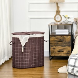 Pyykkikori bambu 100 l kahdella lokerolla kansi ruskea