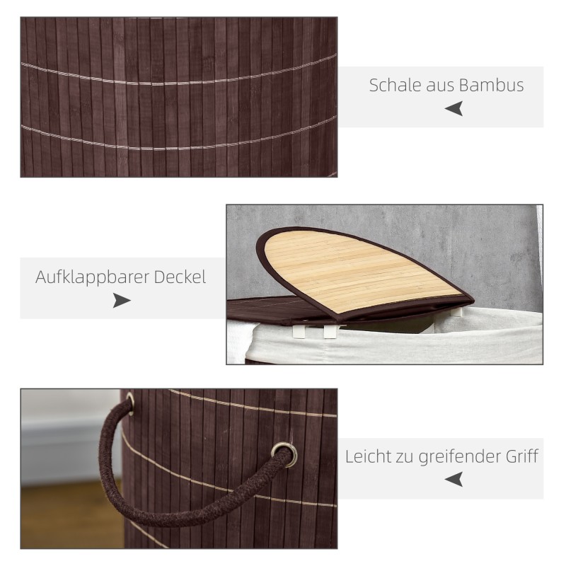 Pyykkikori bambu 100 l kahdella lokerolla kansi ruskea