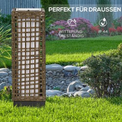 Aurinkokäyttöinen ulkovalaisin rottinkimaisella punoksella IP44, lämmin valkoinen LED, 15,5 x 15,5 x 46 cm, musta/hiekka