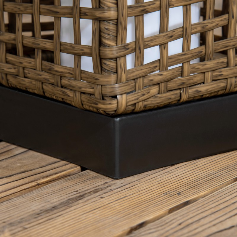 Aurinkokäyttöinen ulkovalaisin rottinkimaisella punoksella IP44, lämmin valkoinen LED, 15,5 x 15,5 x 46 cm, musta/hiekka