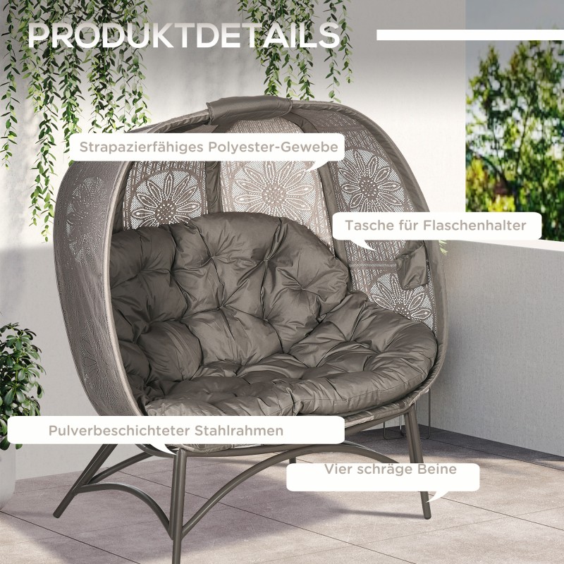 Kahden hengen taitettava puutarhatuoli teräsrungolla, istuinpehmusteella, 126 x 75 x 142 cm, hiekanruskea