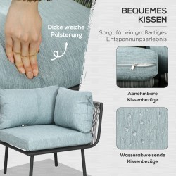 Rottinkinen puutarhan sohvaryhmä 4 hengelle, alumiinirunko, 4-osainen, musta/harmaa/sininen