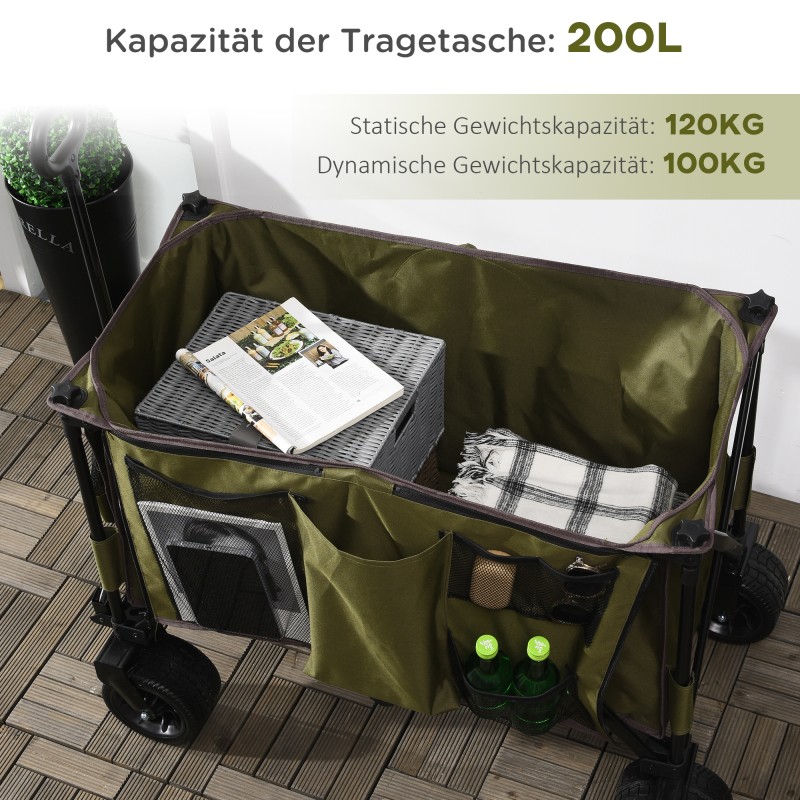 Taitettava vetokärry, teräsrunko, 200 l, kantavuus 120 kg, vihreä