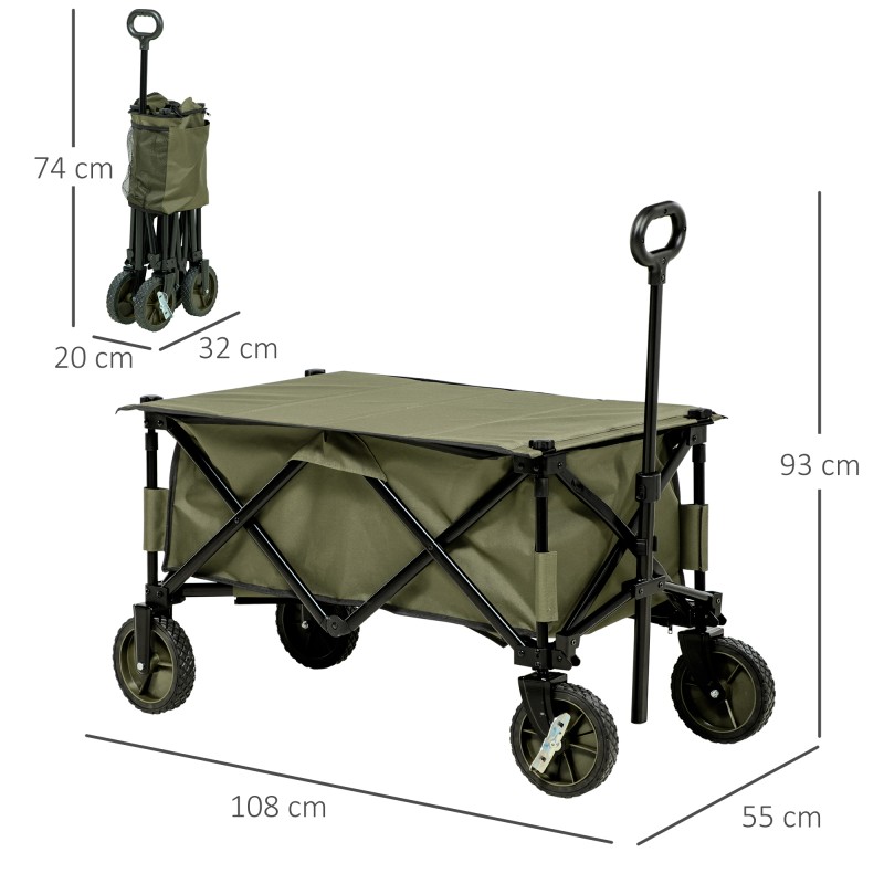 Taitettava kuljetusvaunu teräsrunko 108 x 55 x 93 cm 120 kg vihreä 5 sivutaskua