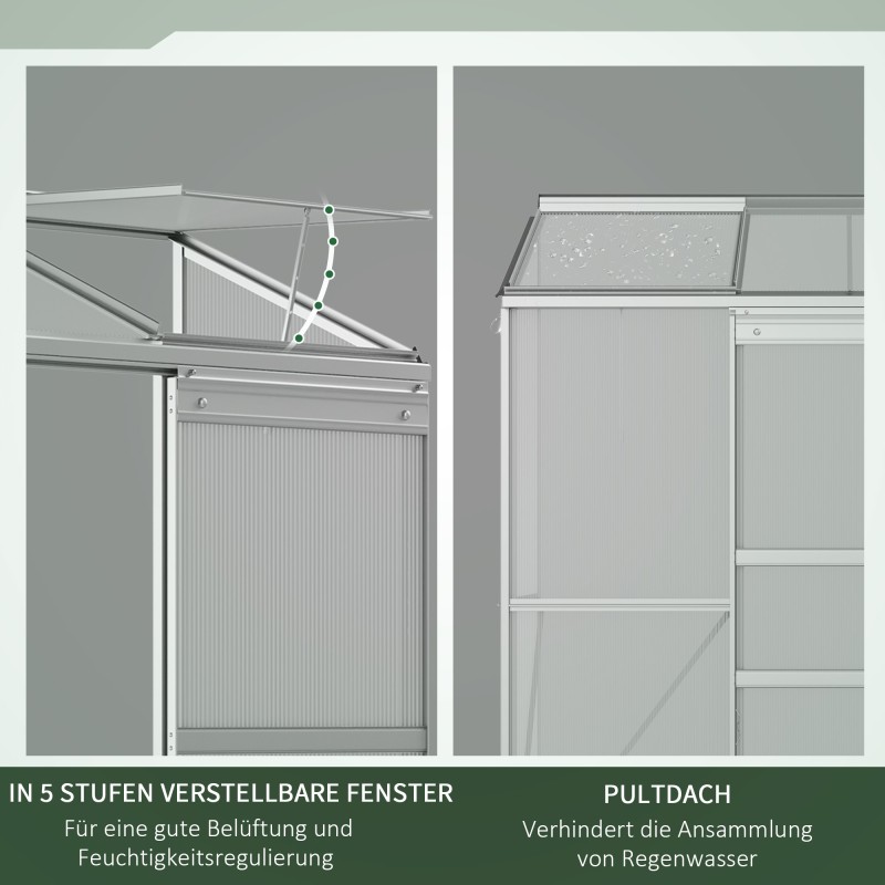 Seinää vasten asennettava kasvihuone polykarbonaatti ja alumiini 192 x 68 x 196 cm hopea