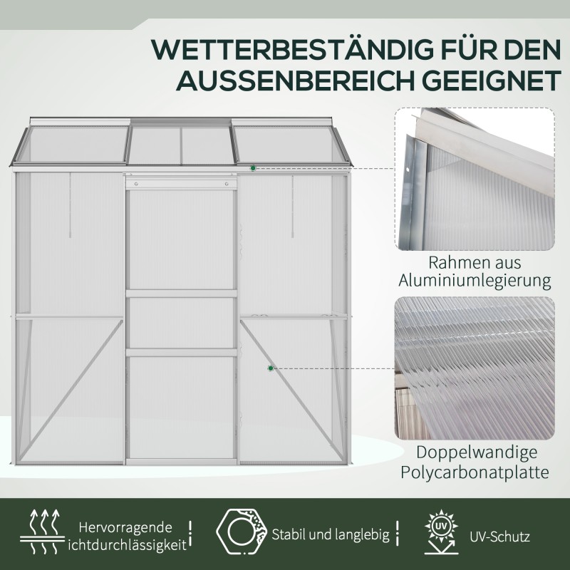Seinää vasten asennettava kasvihuone polykarbonaatti ja alumiini 192 x 68 x 196 cm hopea