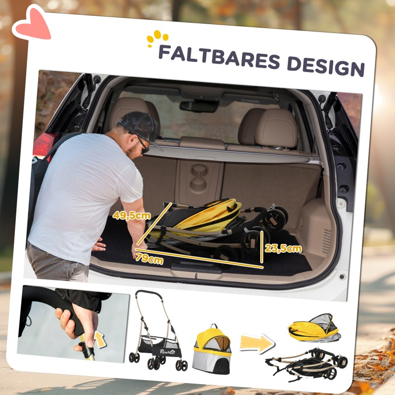 Lemmikkirattaat ja -kantolaukku 2-in-1 pienille koirille ja kissoille, teräs/Oxford, 82 x 49,5 x 98 cm, keltainen