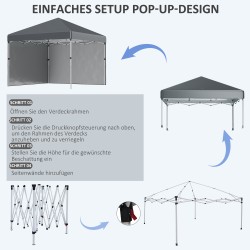 Kokoontaitettava pihateltta 3x3 m, teräsrunko, 2 sivuseinää, UV30+ kangas, tummanharmaa