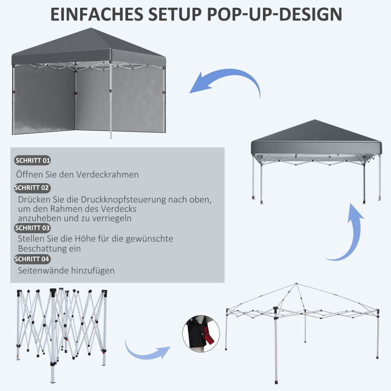 Kokoontaitettava pihateltta 3x3 m, teräsrunko, 2 sivuseinää, UV30+ kangas, tummanharmaa