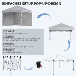 Taitettava paviljonki ulkokäyttöön teräsrungolla, 3x3 m, 2 seinää, vaaleanharmaa