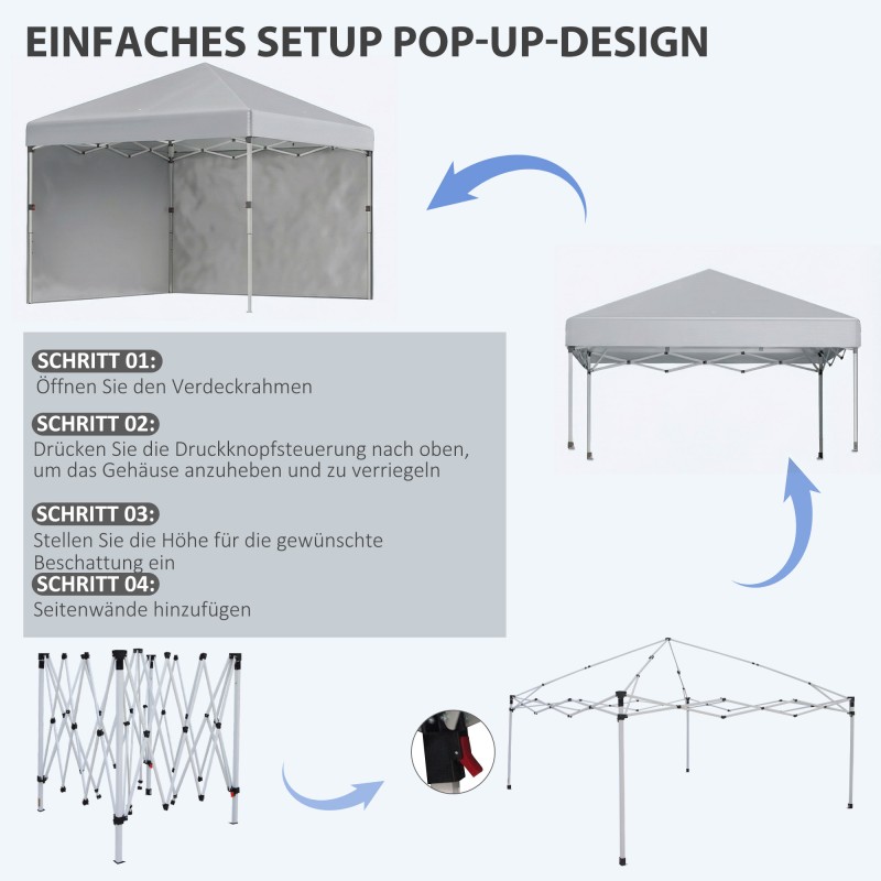 Taitettava paviljonki ulkokäyttöön teräsrungolla, 3x3 m, 2 seinää, vaaleanharmaa