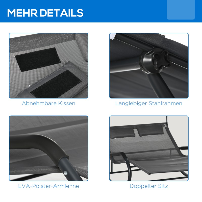 Kahden hengen ulkolepotuoli katoksella, teräsrunko, 200 x 139 x 140 cm, tummanharmaa