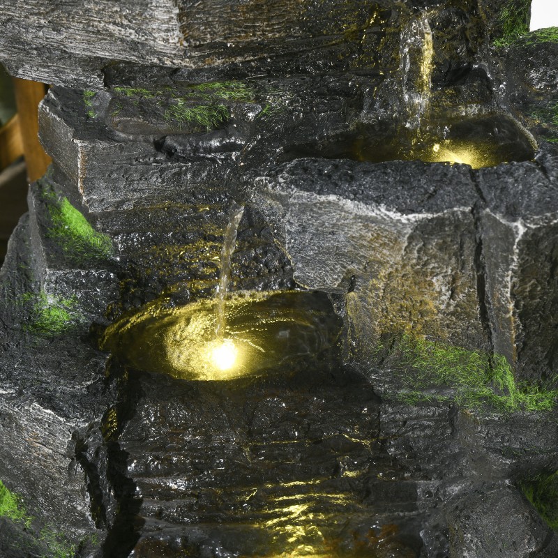 Puutarhan vesikoriste 4-tasoinen kivilook aurinkokennolla ja LED-valoilla 57 cm harmaa/ruskea hartsi