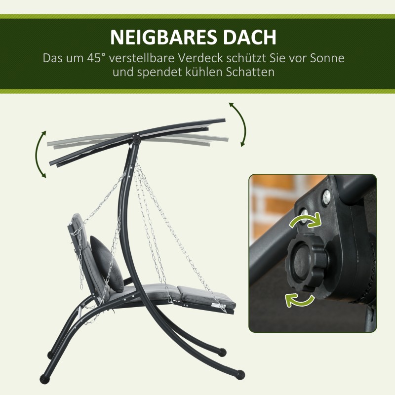 Riippukeinu ulkokäyttöön yhdelle, teräsrunko, kallistettava katos, pehmuste ja tyyny, 108 x 145 x 169 cm, tummanharmaa