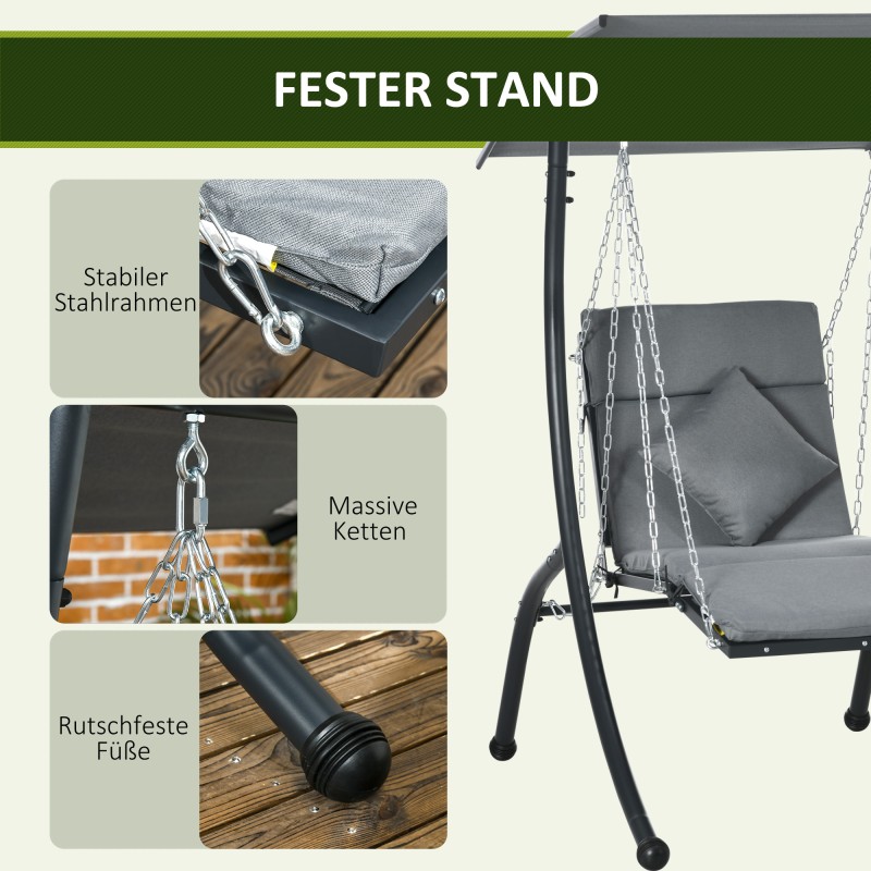 Riippukeinu ulkokäyttöön yhdelle, teräsrunko, kallistettava katos, pehmuste ja tyyny, 108 x 145 x 169 cm, tummanharmaa