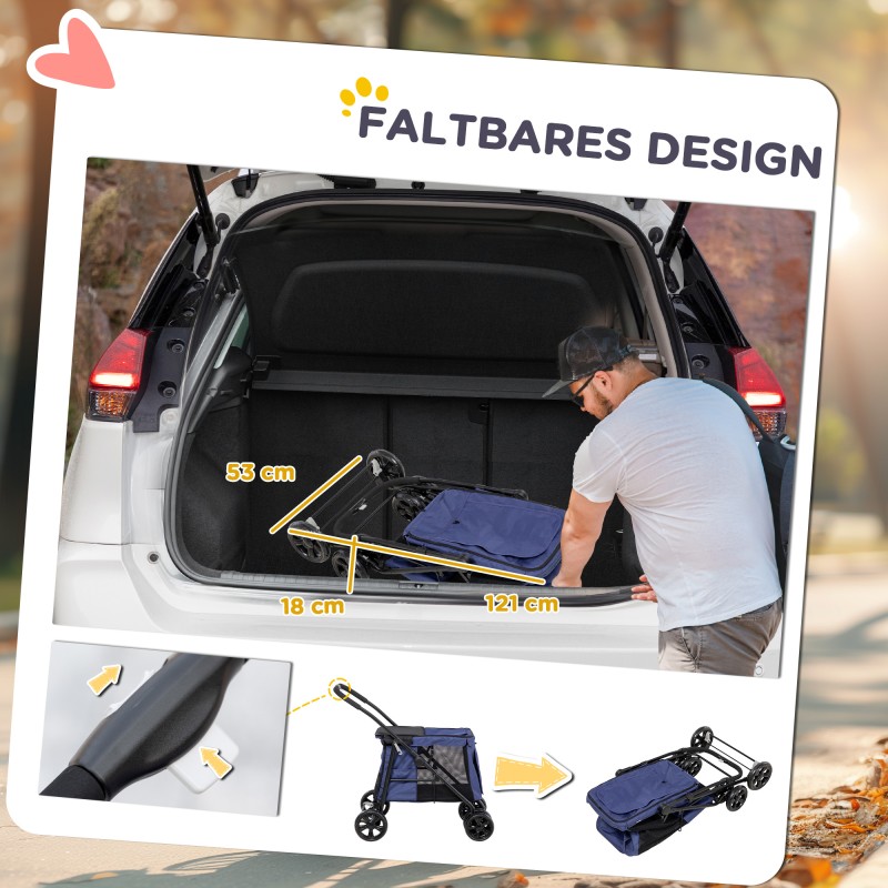 Koirien kuljetusrattaat, taitettava, teräsrunko ja Oxford-kangas, 102 x 62 x 105 cm, max 20 kg, sininen