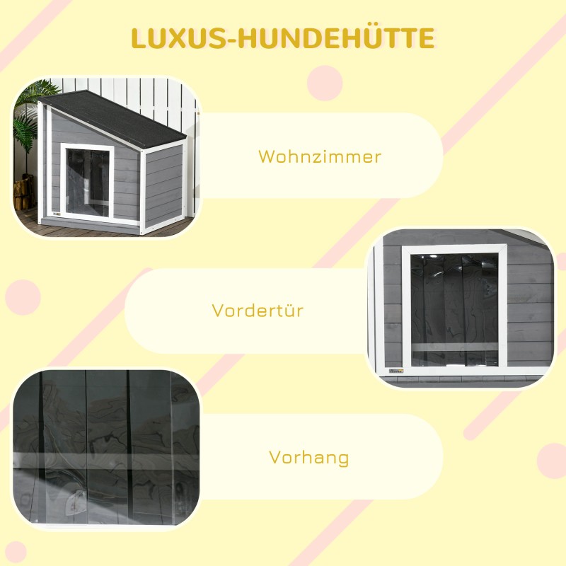 Koirankoppi pienille koirille, täyspuu, asfalttikatto, ulkokäyttöön, 71 x 58 x 77 cm, harmaa-valkoinen