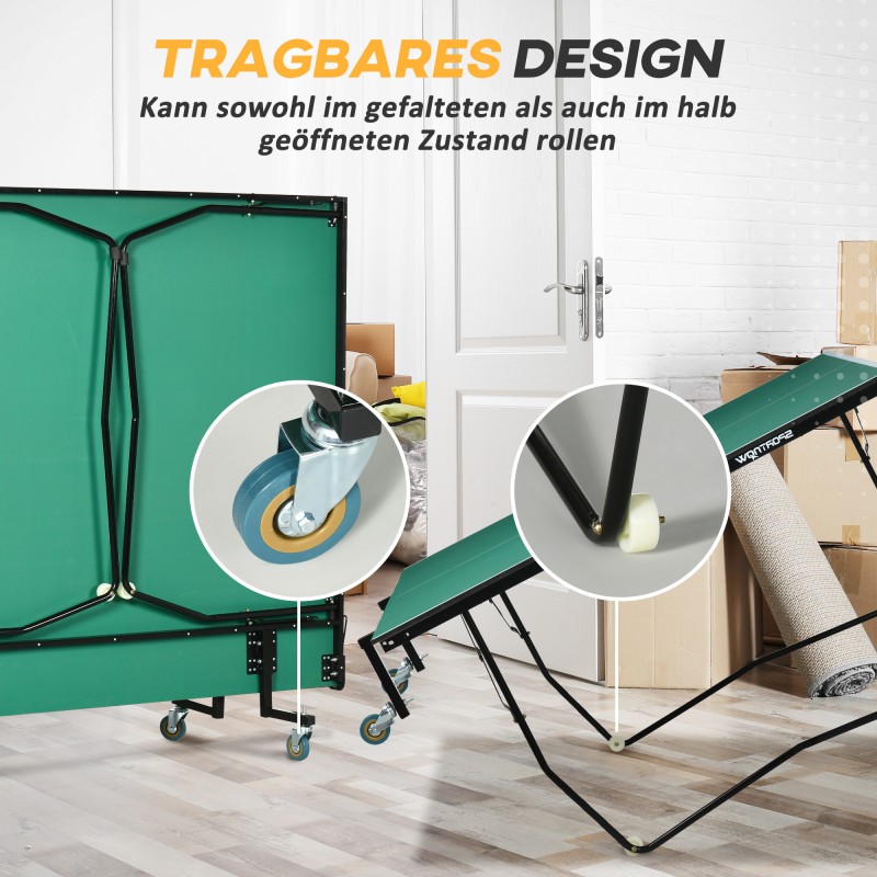 Pingispöytä sisäkäyttöön, kokoontaitettava, pyörillä, setti mailoilla ja palloilla, 274 x 152,5 x 76 cm, vihreä