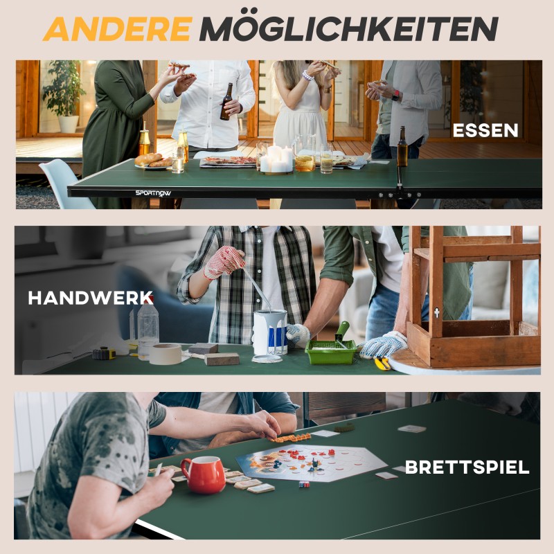 Pingispöytä sisäkäyttöön, kokoontaitettava, pyörillä, setti mailoilla ja palloilla, 274 x 152,5 x 76 cm, vihreä