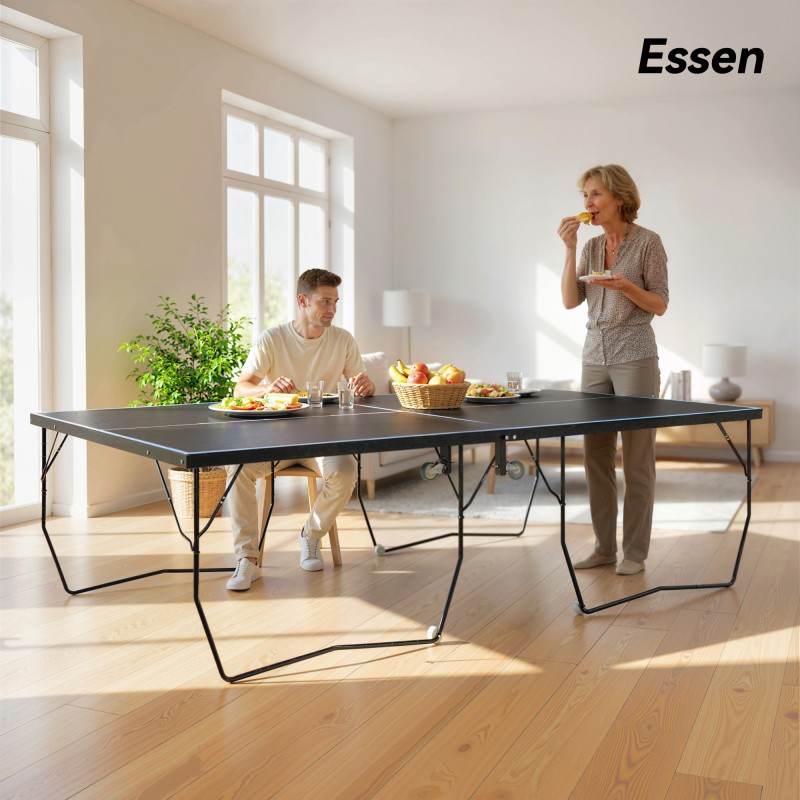 Pingispöytä sisäkäyttöön, kokoontaitettava, teräsrunko ja MDF, 274 x 152,5 x 76 cm, musta, verkko ja mailat mukana