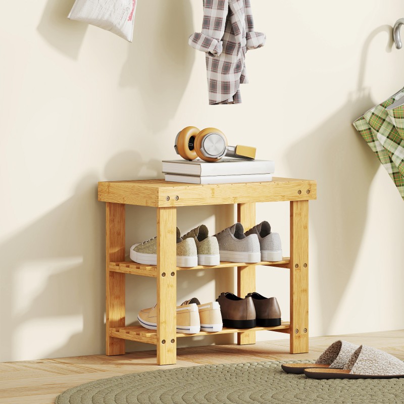 Kenkäpenkki eteiseen bambusta, 2 hyllyä ja istuin, 50 x 28 x 45 cm, luonnonpuu