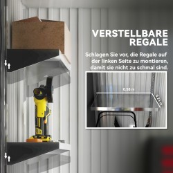 Pihavarasto puutarhatyökaluille, galvanoitu teräs 161 x 95 x 181 cm, harmaa, lukittava ovi ja hyllyt