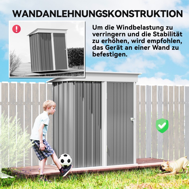 Pihavarasto puutarhatyökaluille, galvanoitu teräs 161 x 95 x 181 cm, harmaa, lukittava ovi ja hyllyt