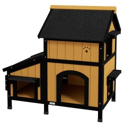Kissamökki ulkokäyttöön kaksikerroksinen tannenholz 96 x 65 x 85 5 cm keltainen valkoinen musta