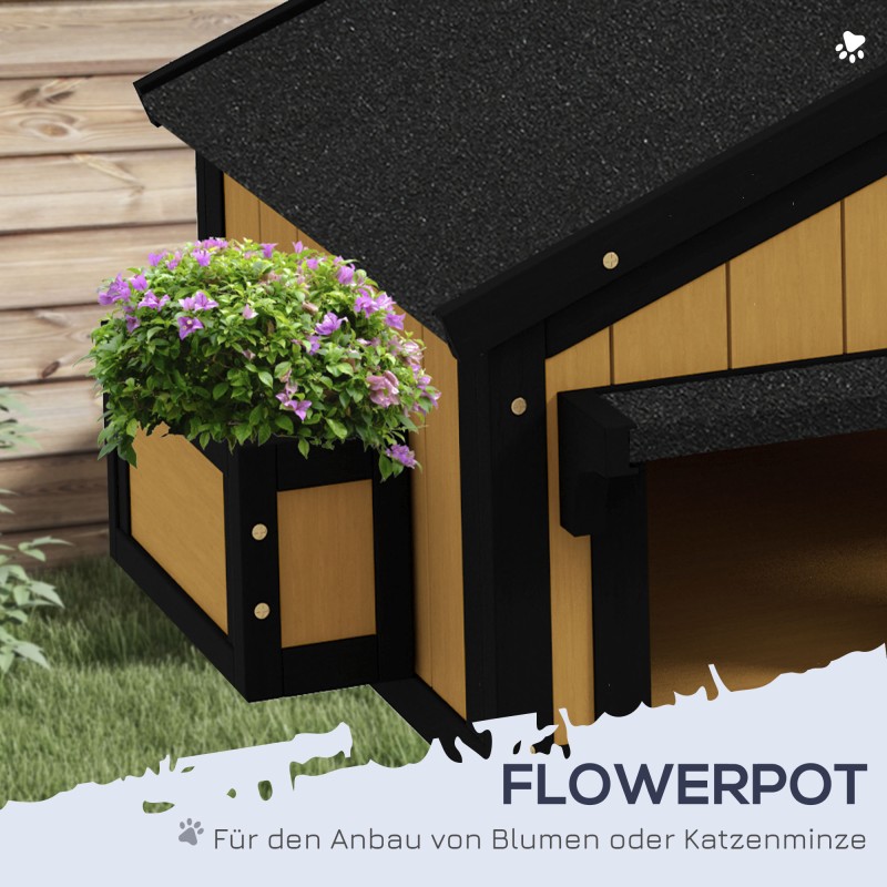 Kissamökki ulkokäyttöön, kaksikerroksinen tannenholz, 96 x 65 x 85,5 cm, keltainen/valkoinen/musta