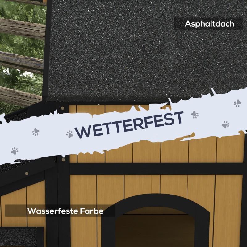 Kissamökki ulkokäyttöön, kaksikerroksinen tannenholz, 96 x 65 x 85,5 cm, keltainen/valkoinen/musta