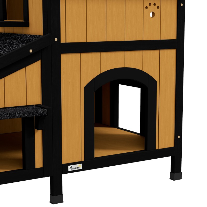 Kissamökki ulkokäyttöön, kaksikerroksinen tannenholz, 96 x 65 x 85,5 cm, keltainen/valkoinen/musta