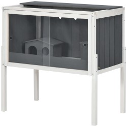 Kääpiöhamsterin häkki puu ja metalli 82 x 45 x 81 cm akryyliovet 2 mökkiä harmaa valkoinen