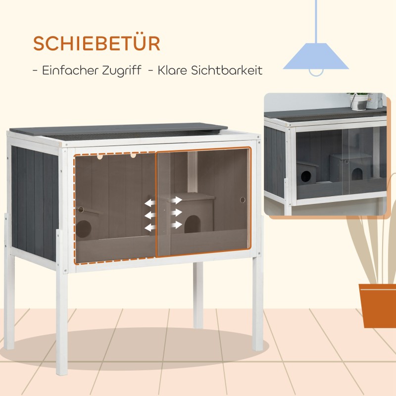 Kääpiöhamsterin häkki puu ja metalli 82 x 45 x 81 cm, akryyliovet, 2 mökkiä, harmaa/valkoinen