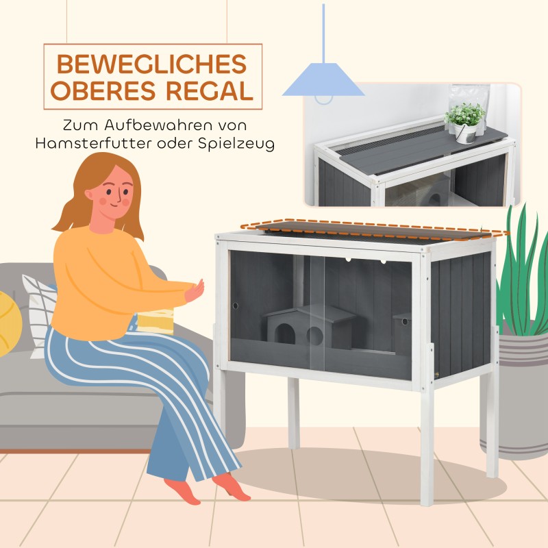 Kääpiöhamsterin häkki puu ja metalli 82 x 45 x 81 cm, akryyliovet, 2 mökkiä, harmaa/valkoinen