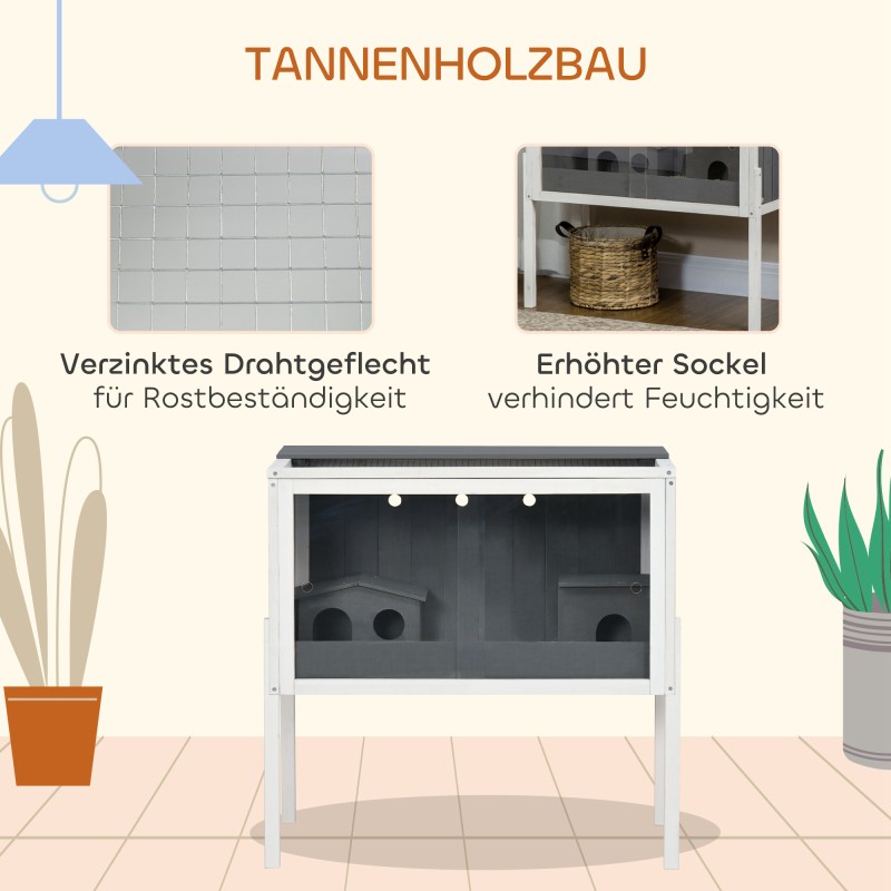 Kääpiöhamsterin häkki puu ja metalli 82 x 45 x 81 cm, akryyliovet, 2 mökkiä, harmaa/valkoinen