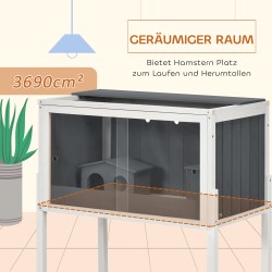 Kääpiöhamsterin häkki puu ja metalli 82 x 45 x 81 cm, akryyliovet, 2 mökkiä, harmaa/valkoinen