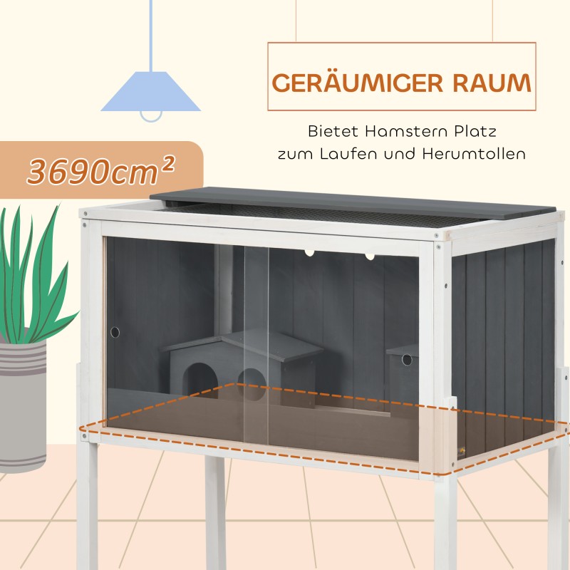 Kääpiöhamsterin häkki puu ja metalli 82 x 45 x 81 cm, akryyliovet, 2 mökkiä, harmaa/valkoinen