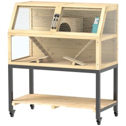 Kääpiöhamsterihäkki pieneläimille puinen säilytyslokerolla ja pyörillä 87 x 43 x 101 cm natur