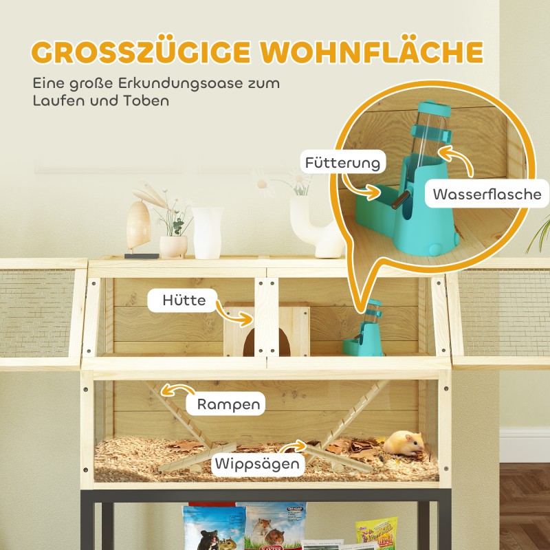 Kääpiöhamsterihäkki pieneläimille, puinen, säilytyslokerolla ja pyörillä, 87 x 43 x 101 cm, natur