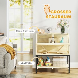 Kääpiöhamsterihäkki pieneläimille, puinen, säilytyslokerolla ja pyörillä, 87 x 43 x 101 cm, natur