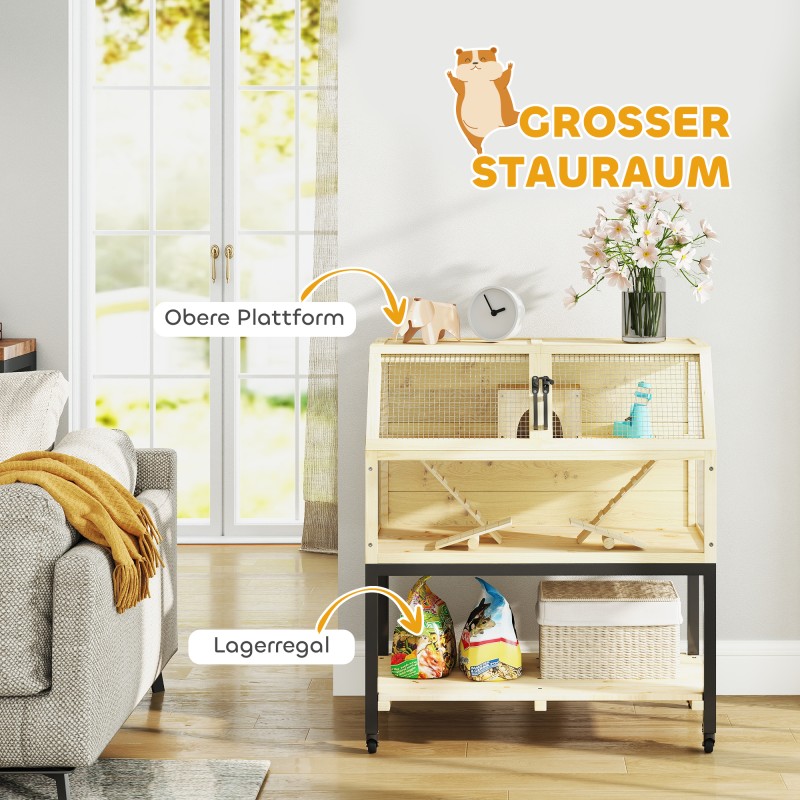 Kääpiöhamsterihäkki pieneläimille, puinen, säilytyslokerolla ja pyörillä, 87 x 43 x 101 cm, natur