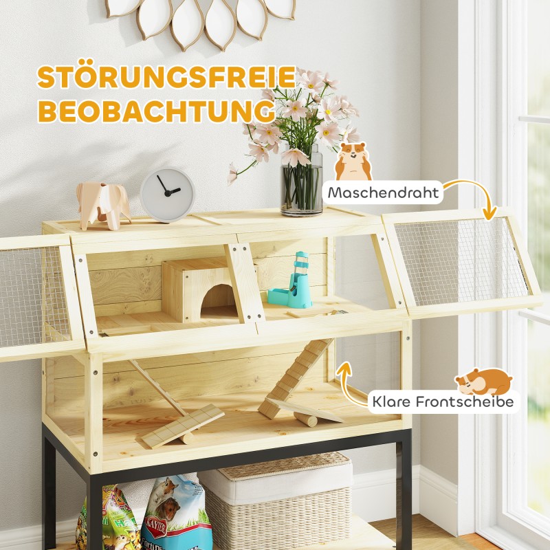 Kääpiöhamsterihäkki pieneläimille, puinen, säilytyslokerolla ja pyörillä, 87 x 43 x 101 cm, natur