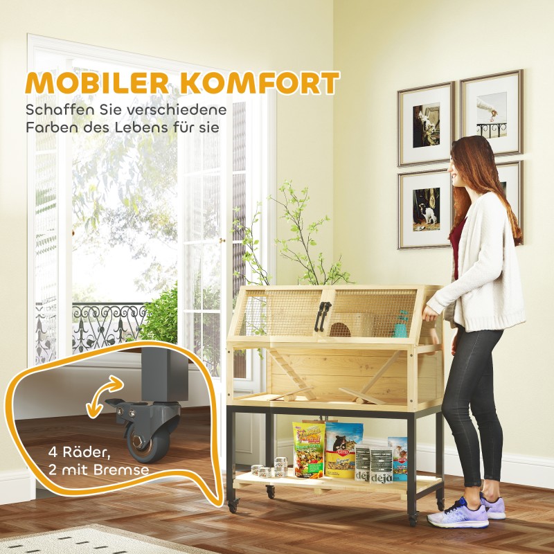 Kääpiöhamsterihäkki pieneläimille, puinen, säilytyslokerolla ja pyörillä, 87 x 43 x 101 cm, natur