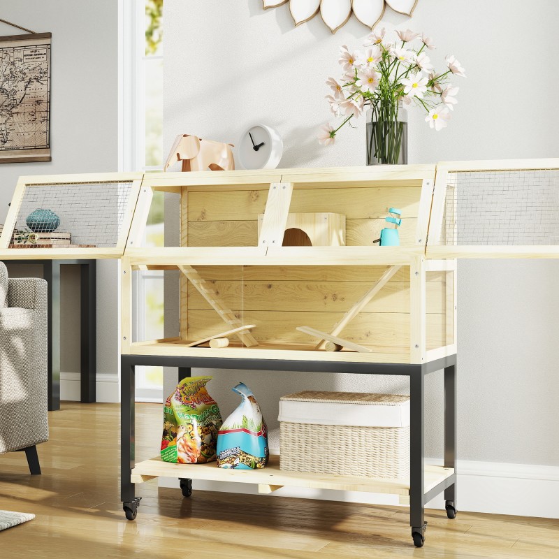 Kääpiöhamsterihäkki pieneläimille, puinen, säilytyslokerolla ja pyörillä, 87 x 43 x 101 cm, natur